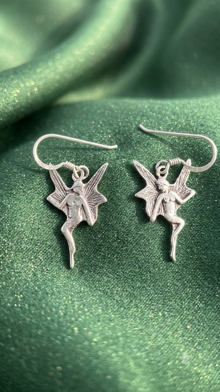 Sterling Silver Fairy Earrings 925 Art Nouveau Winged Nymph Dangle Pixie 3/4"